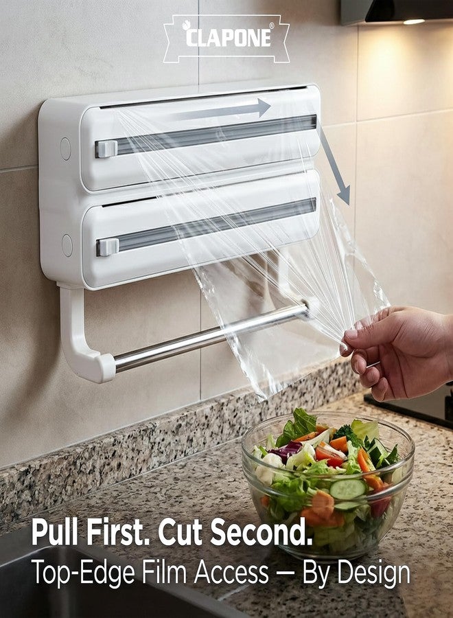 CLAPONE Wrap Organizer with Cutter Plastic Wrap Dispenser 3 in 1 Compatible with Cling Film Paper Towel Holder/Tin Foil and Roti Paper Cutter/Aluminum Foil/Butter/Roti Wrap/Food Roll-White - Image 3